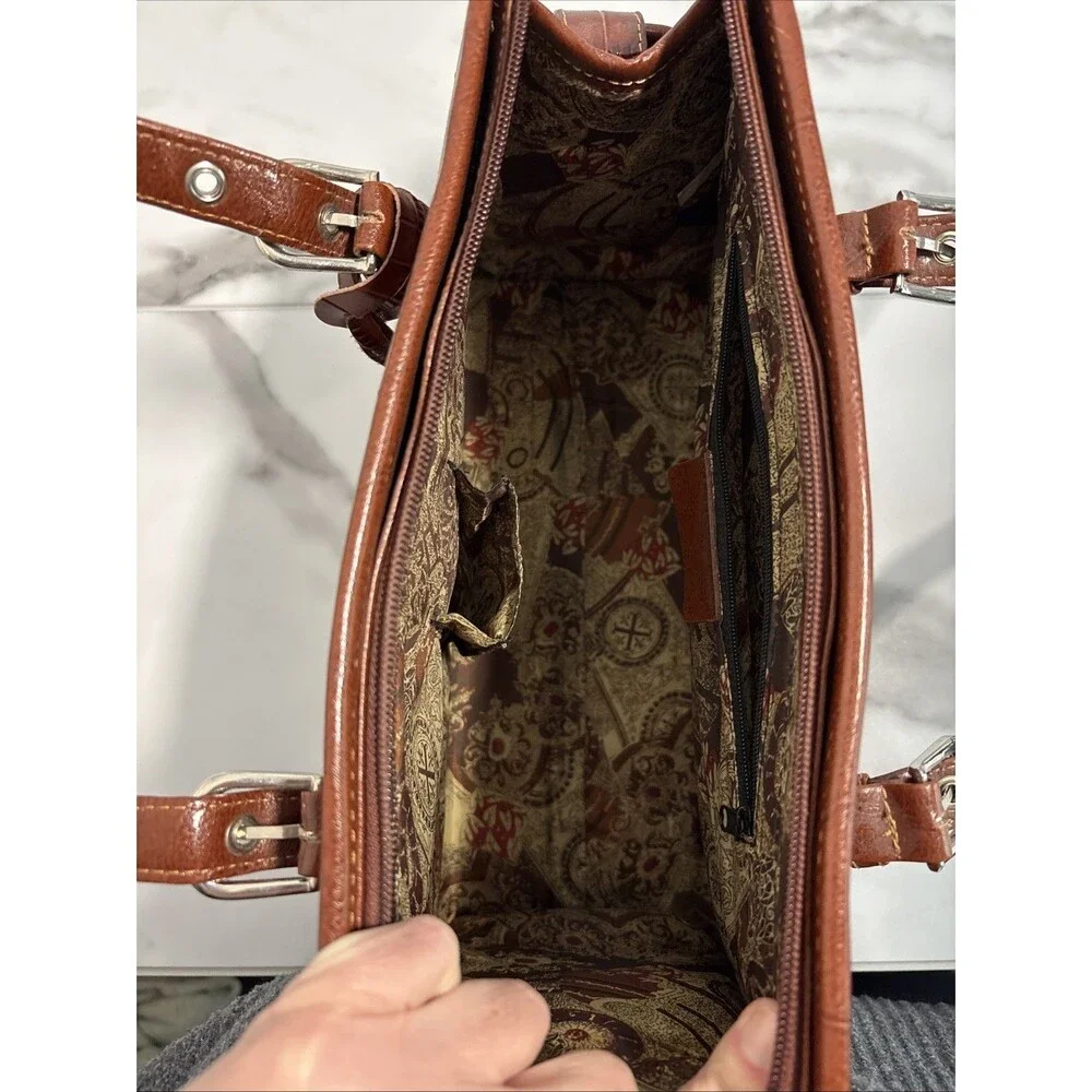 Vintage Y2K Brown Croc Embossed Shoulder Bag Western Heart Charms Top Handle